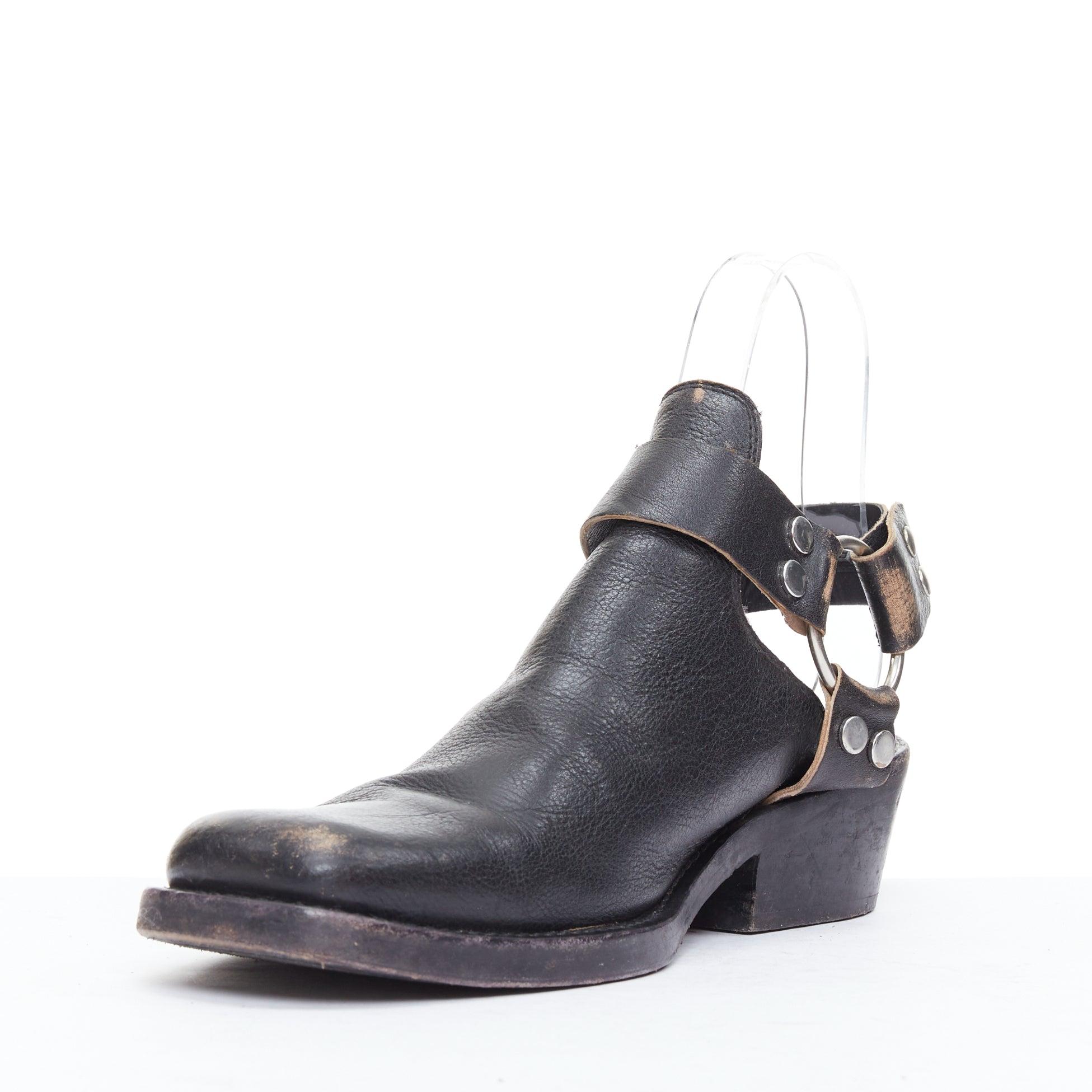 Women's BALENCIAGA black leather silver buckle distressed cuban mules EU38.5