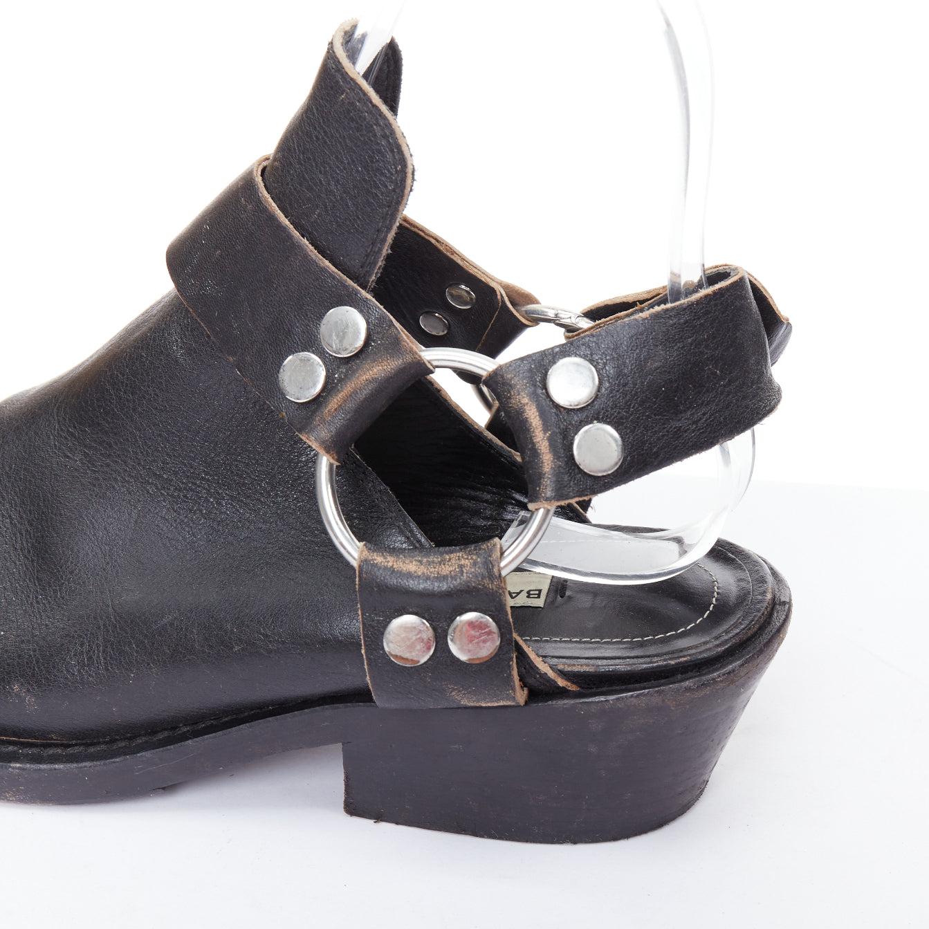 BALENCIAGA black leather silver buckle distressed cuban mules EU38.5 4