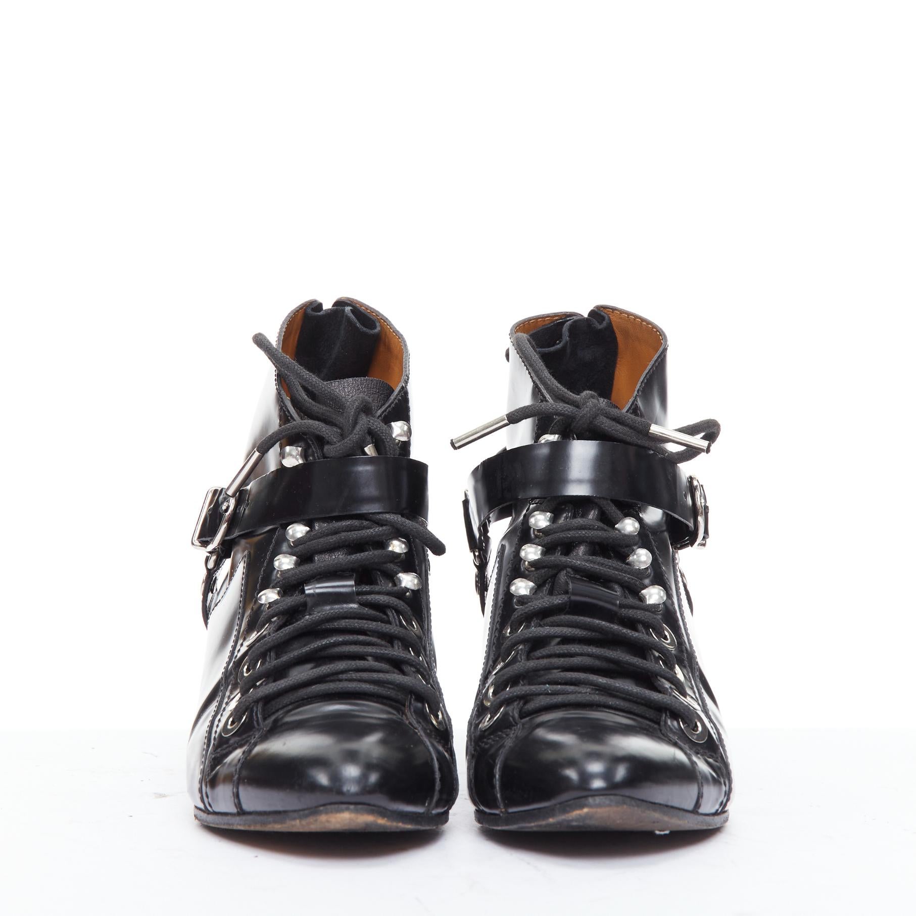 Black BALENCIAGA black leather silver buckles laced harness booties EU38.5 For Sale