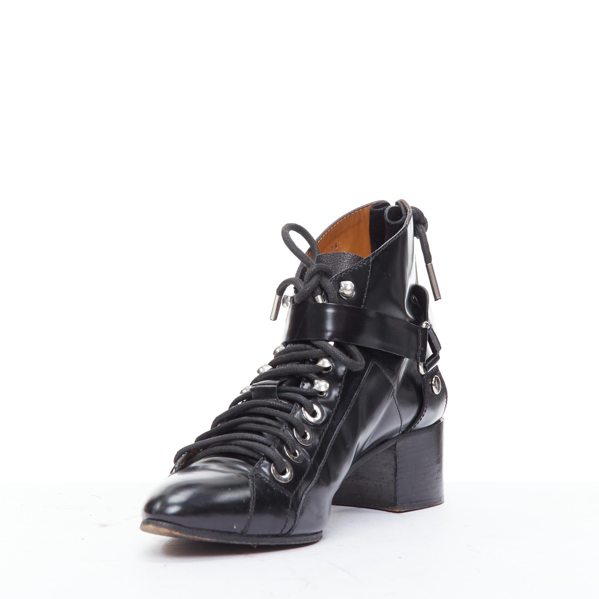 BALENCIAGA black leather silver buckles laced harness booties EU38.5 In Good Condition For Sale In Hong Kong, NT
