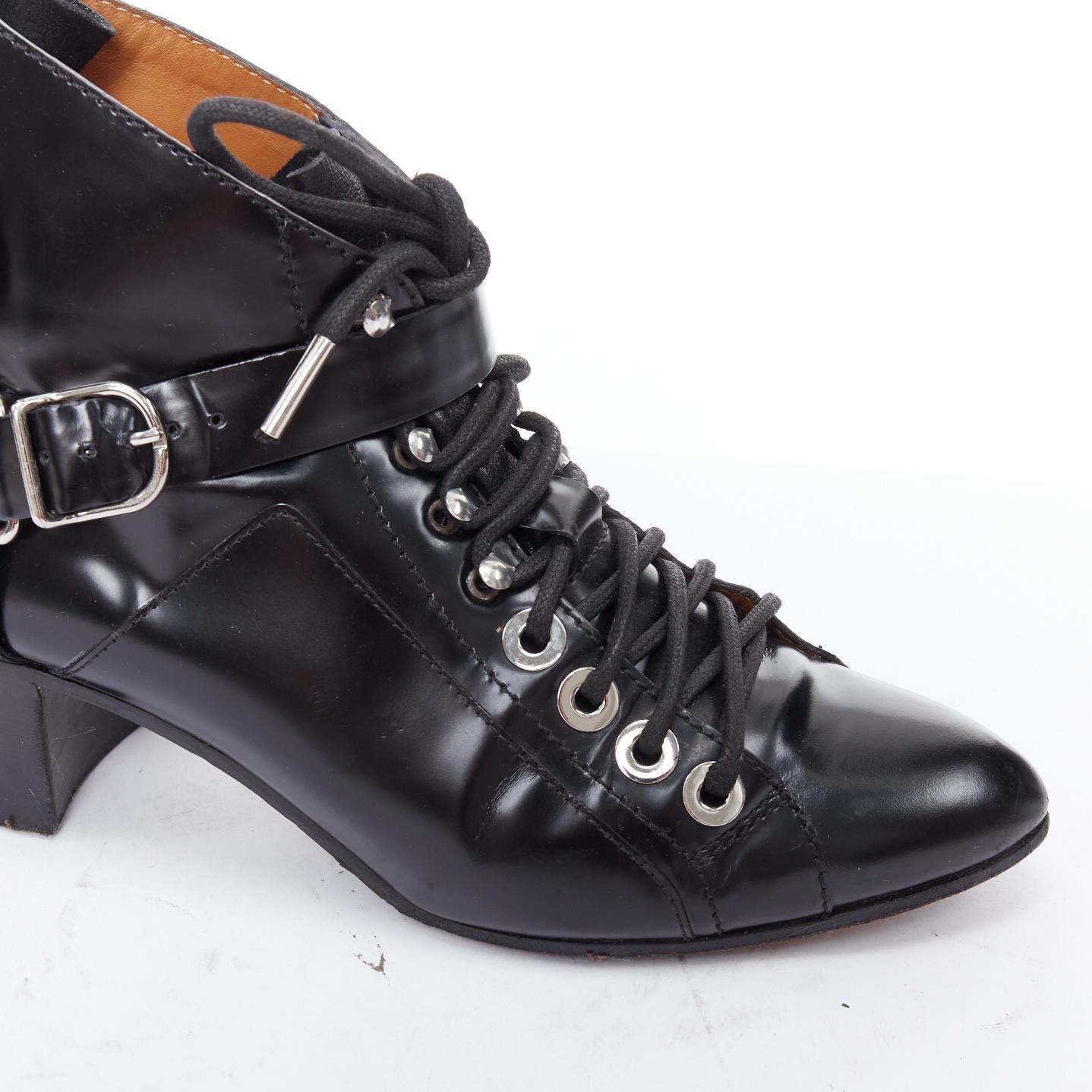 BALENCIAGA black leather silver buckles laced harness booties EU38.5 For Sale 2