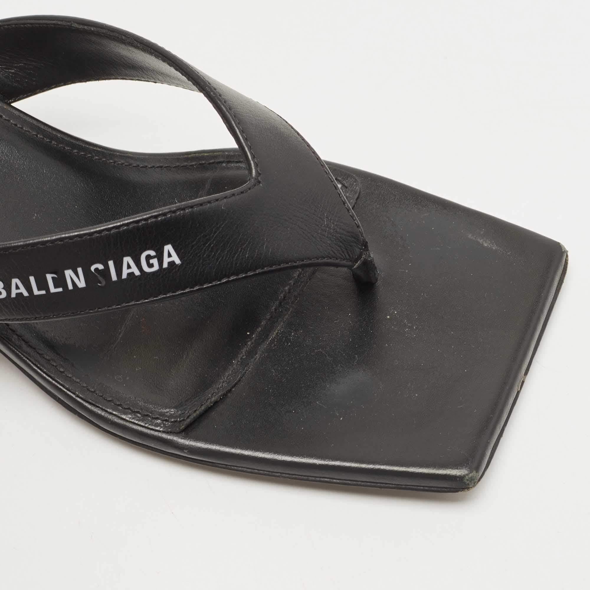Balenciaga Black Leather Square Toe Thong Slide Sandals Size 37 2