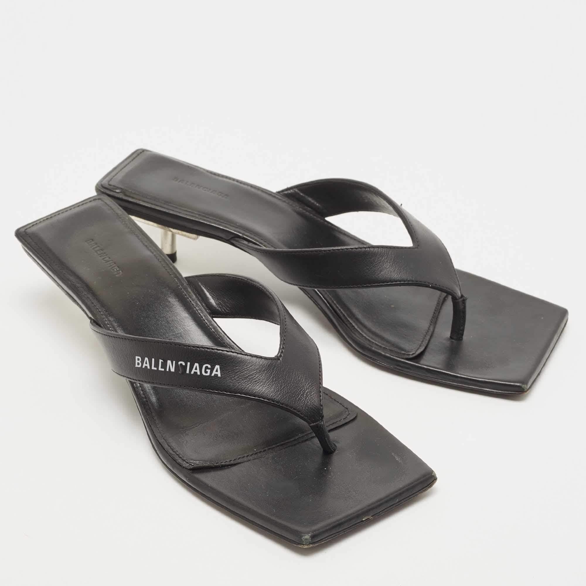 Balenciaga Black Leather Square Toe Thong Slide Sandals Size 37 4