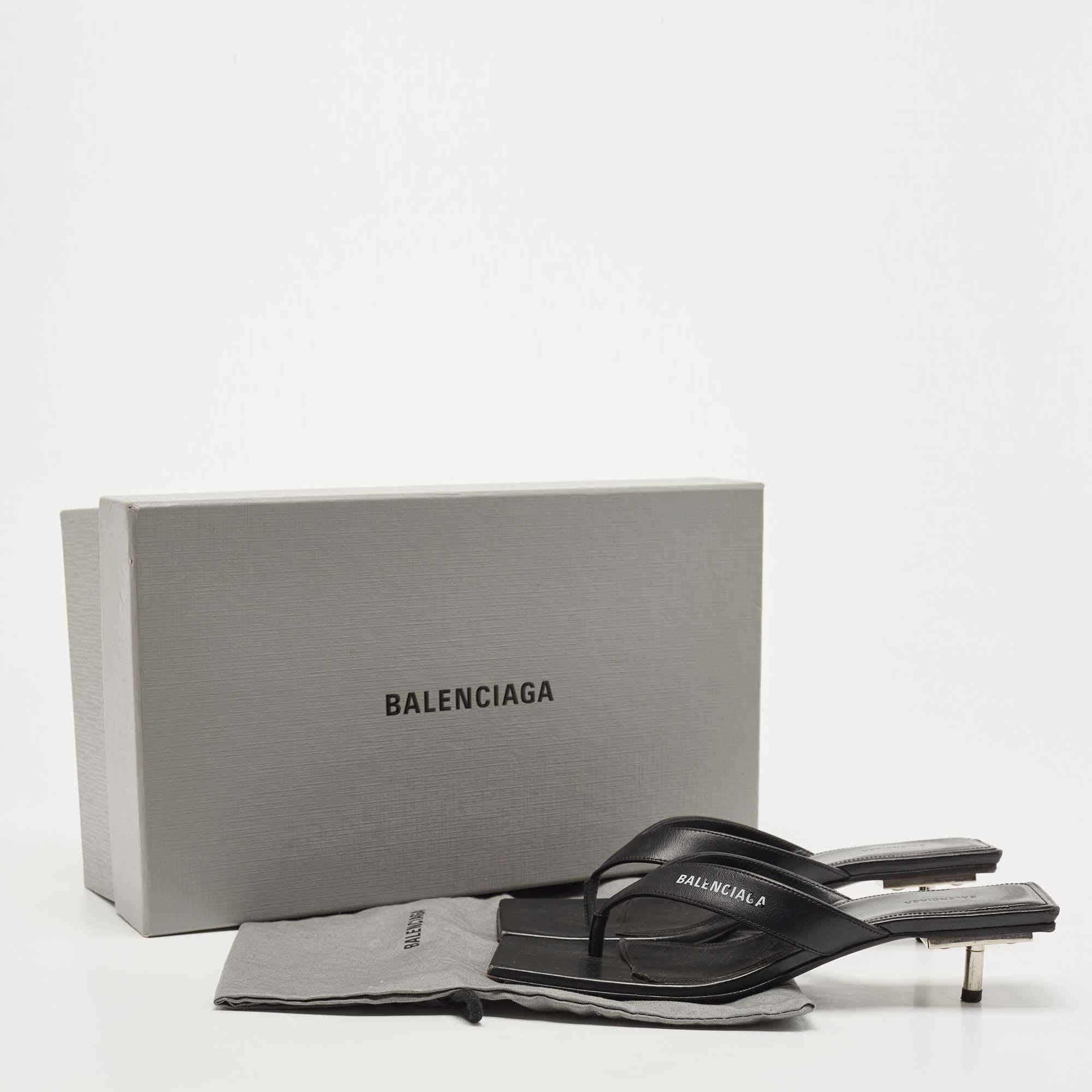 Balenciaga Black Leather Square Toe Thong Slide Sandals Size 37 5