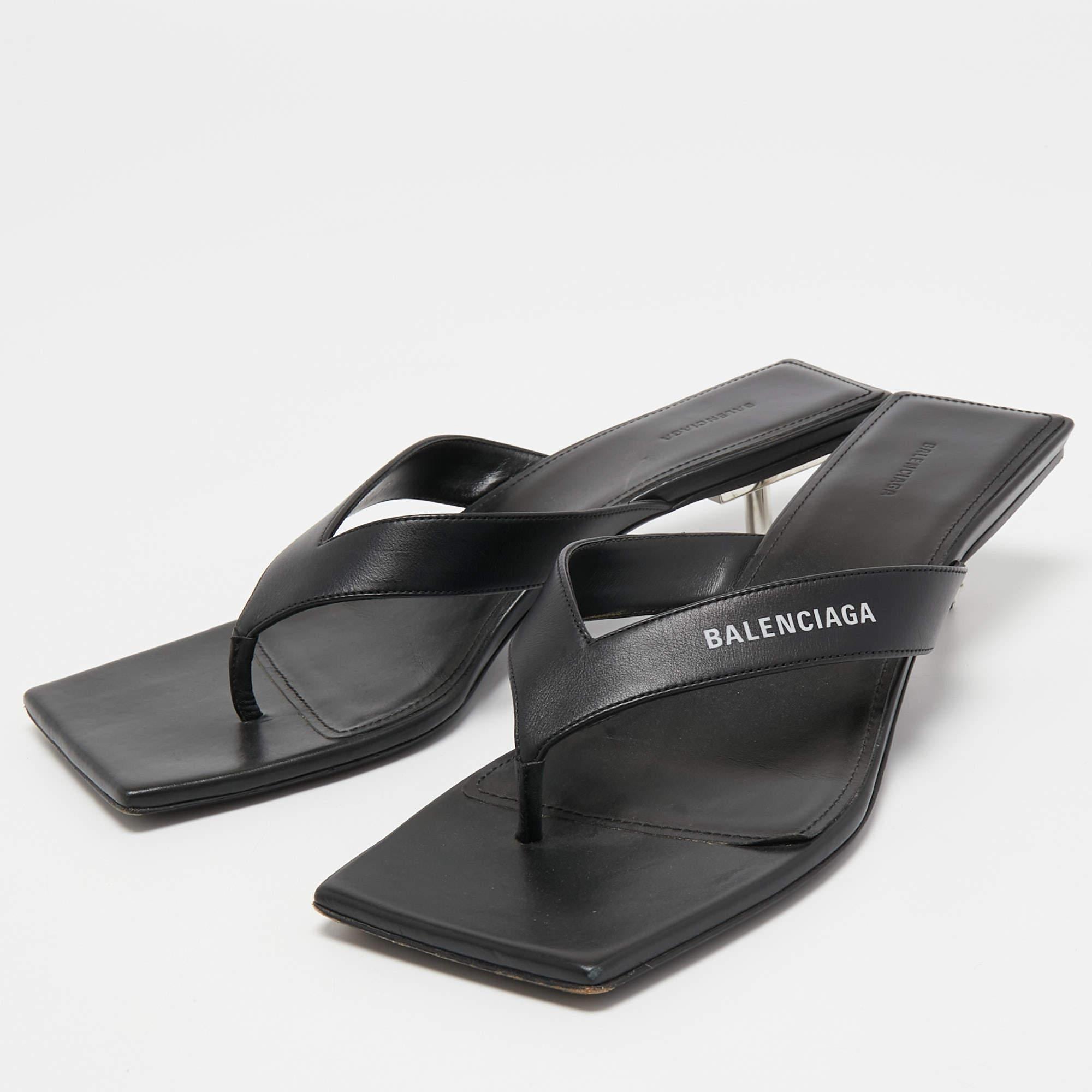 Balenciaga Black Leather Square Toe Thong Slide Sandals Size 39 For Sale 1