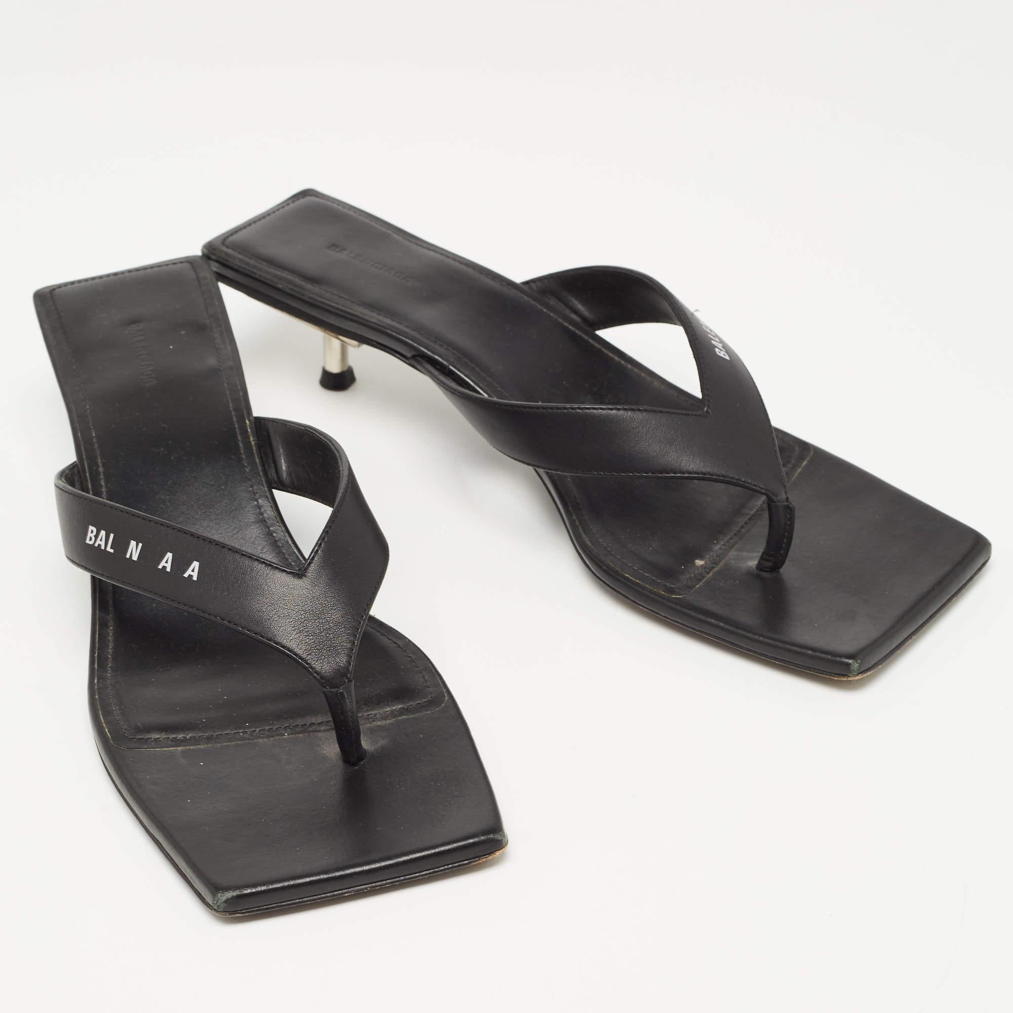 Balenciaga Black Leather Square Toe Thong Slide Sandals Size 39 2