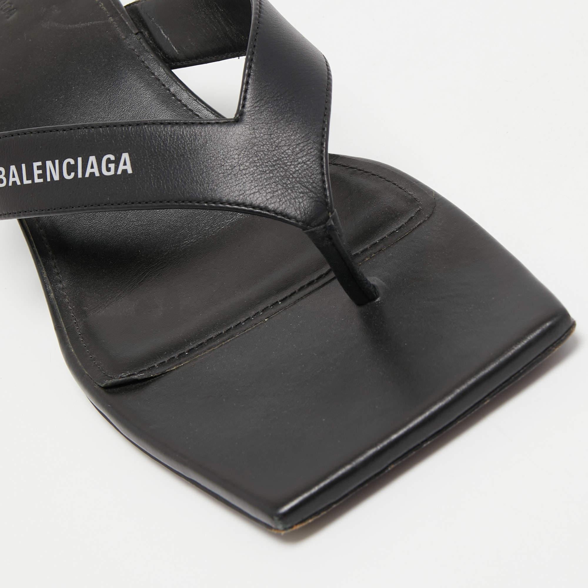 Balenciaga Black Leather Square Toe Thong Slide Sandals Size 39 For Sale 3