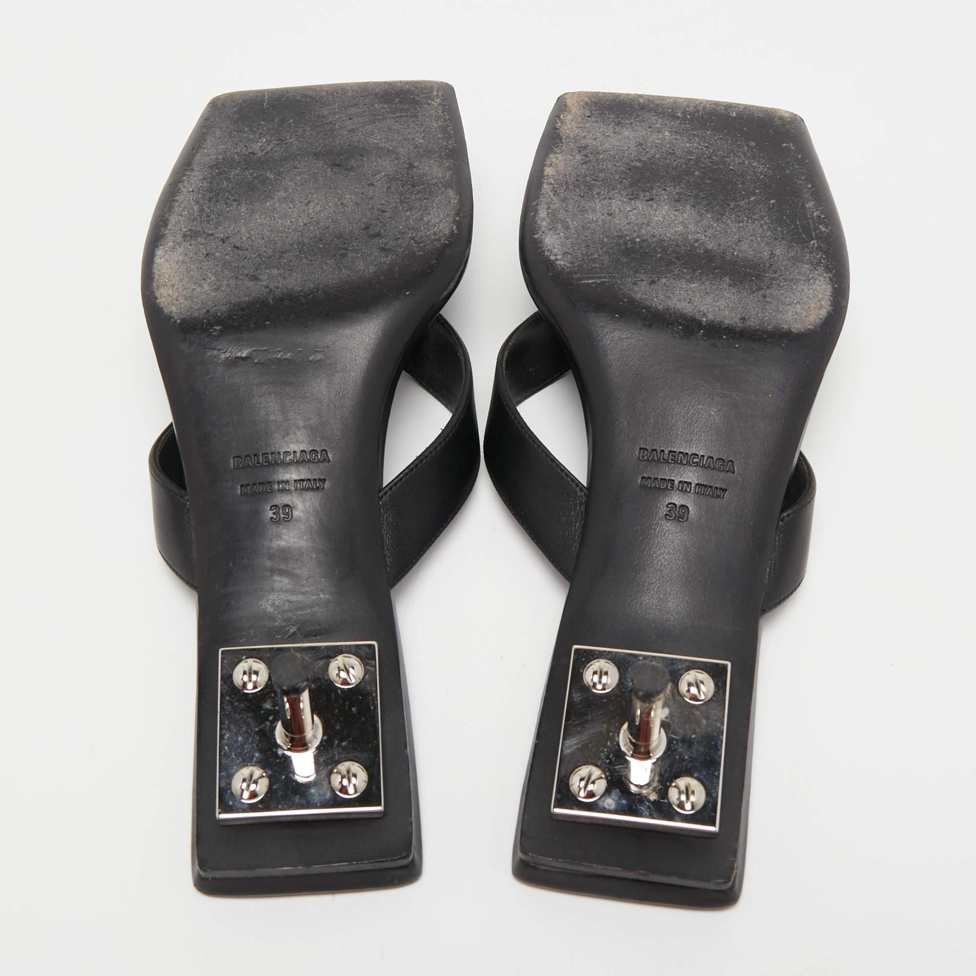 Balenciaga Black Leather Square Toe Thong Slide Sandals Size 39 For Sale 4