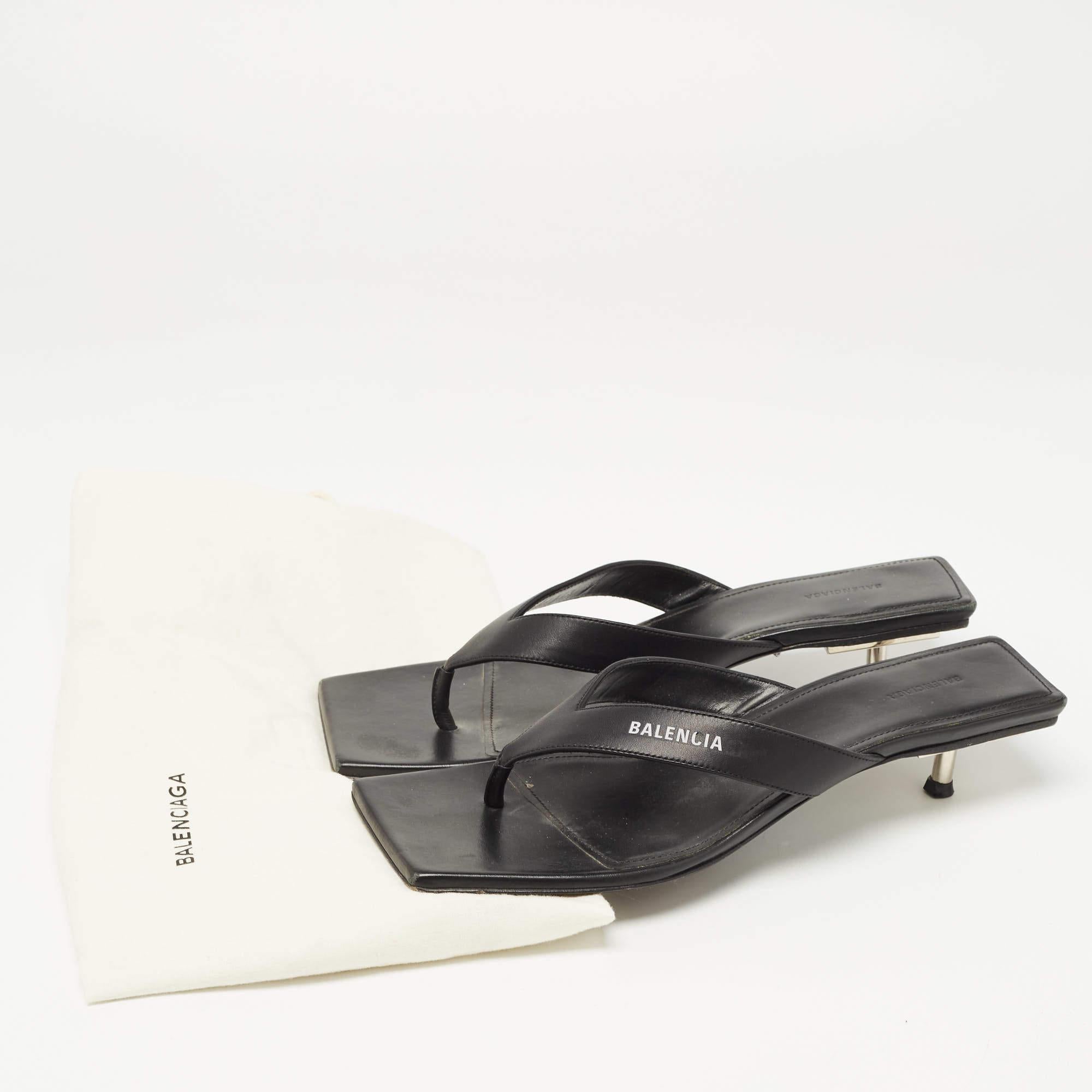 Balenciaga Black Leather Square Toe Thong Slide Sandals Size 39 4