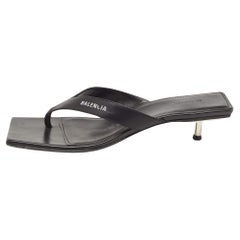 Balenciaga Black Leather Square Toe Thong Slide Sandals Size 39
