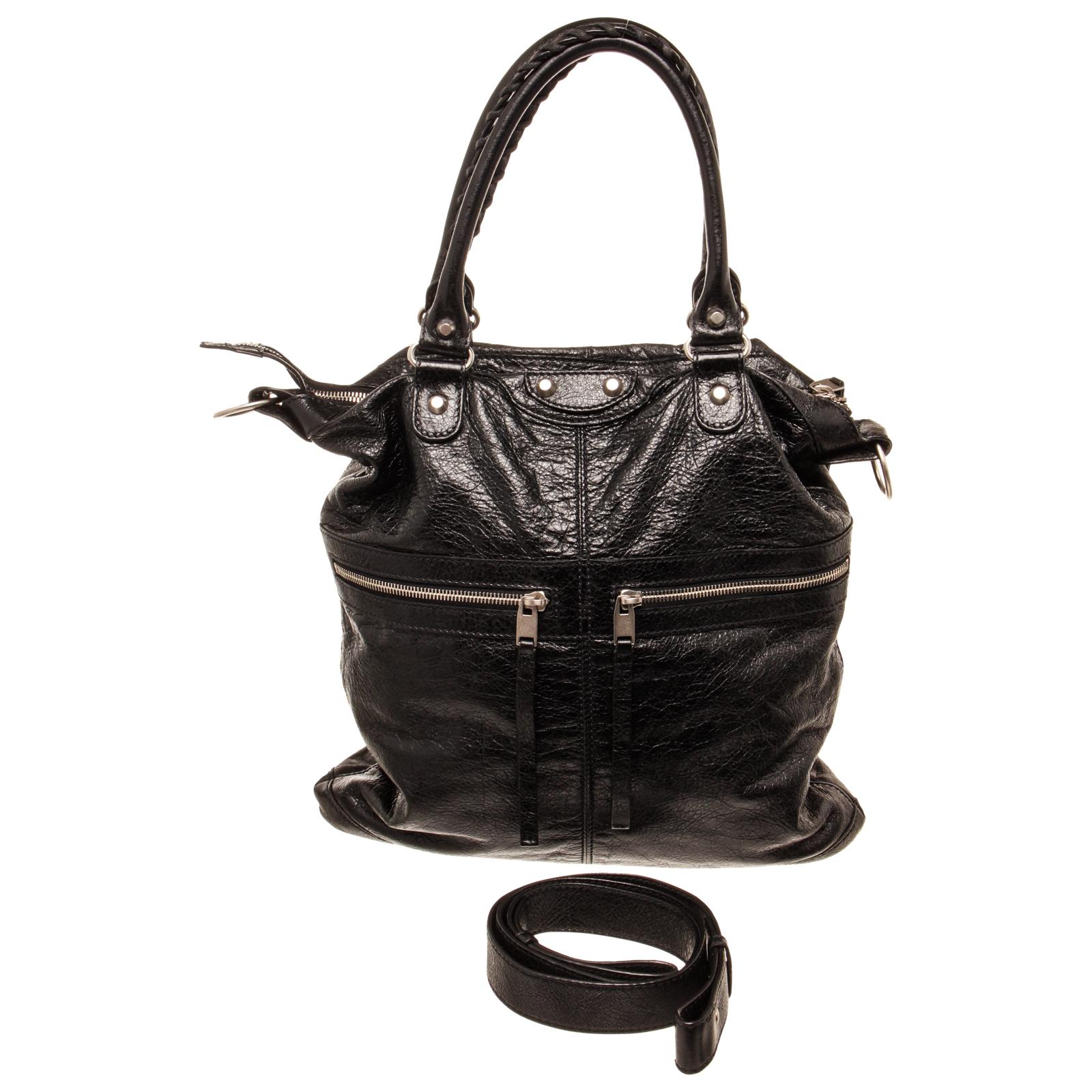 Balenciaga Black Leather Square Zip Shoulder Bag with silver-toneÂ hardware, exterior zip pocket, interiorÂ zipÂ pockets, dual top handle andÂ zipperÂ closure.

44818MSC