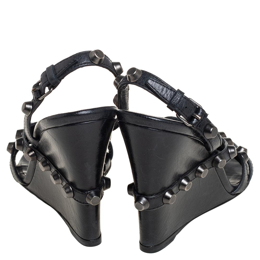 Balenciaga Black Leather Studded Slingback Wedge Sandals Size 37 In Good Condition In Dubai, Al Qouz 2