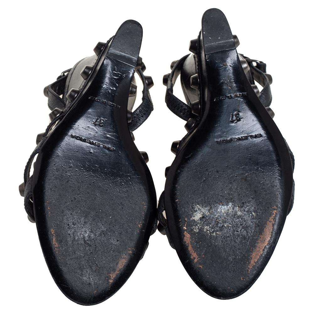 Women's Balenciaga Black Leather Studded Slingback Wedge Sandals Size 37