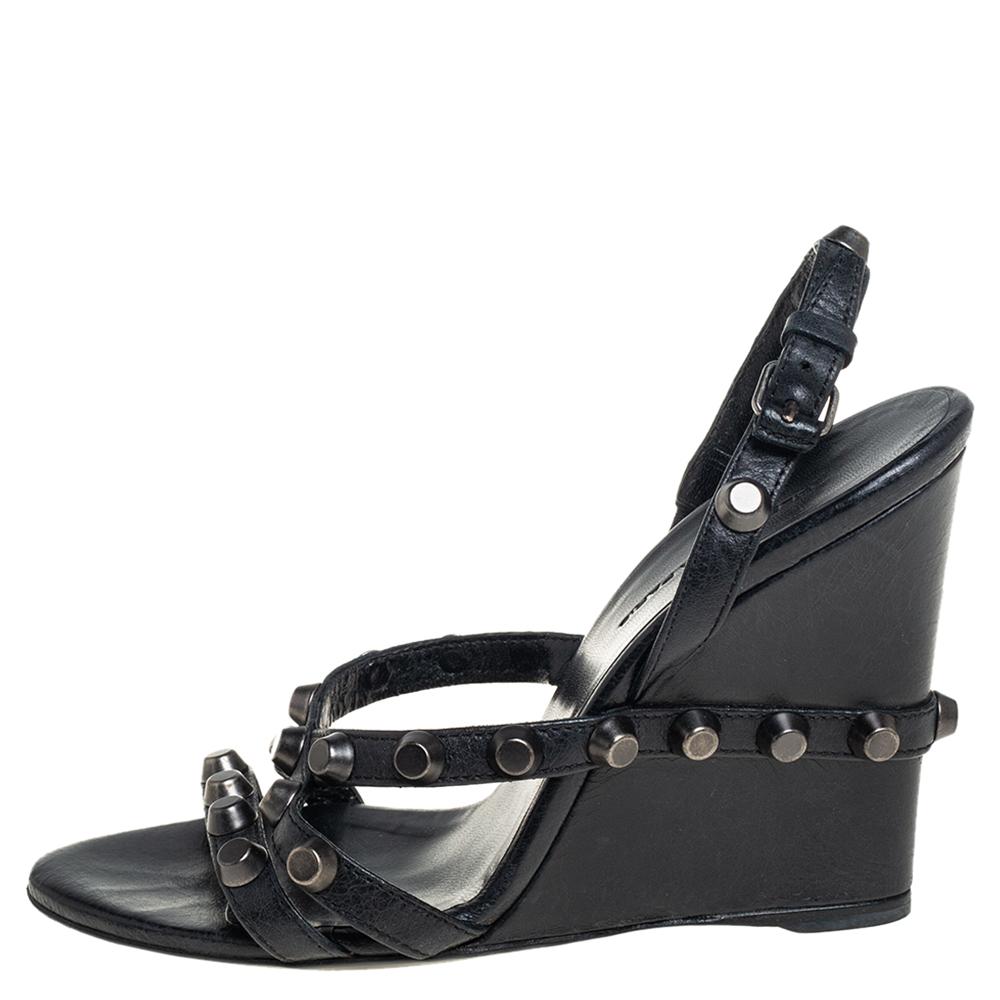 Balenciaga Black Leather Studded Slingback Wedge Sandals Size 37 1