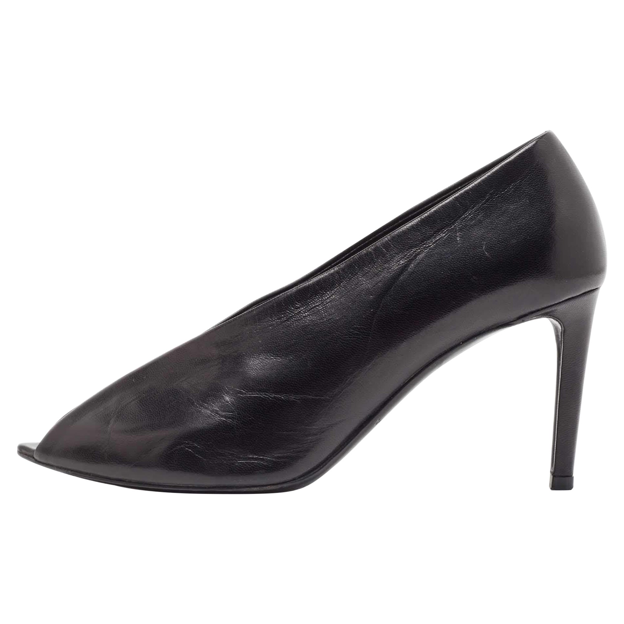 Balenciaga Black Leather V Neck Open Toe Pumps Size 36