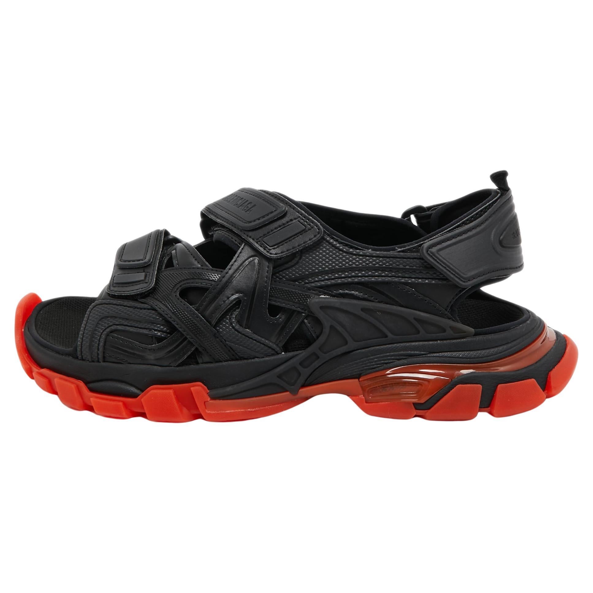Balenciaga Black Leather Velcro Track Strap Sandals Size 44