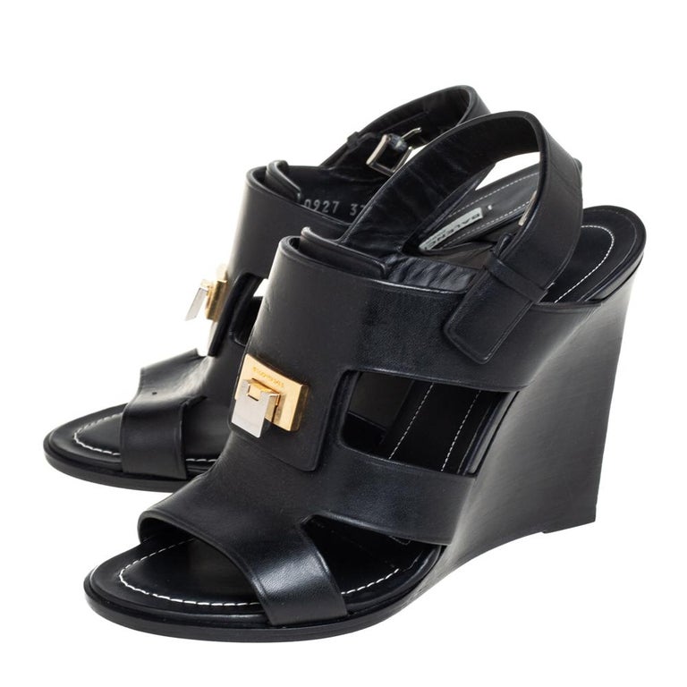 Balenciaga Black Leather Wedge Sandals Size 37 For Sale at 1stDibs