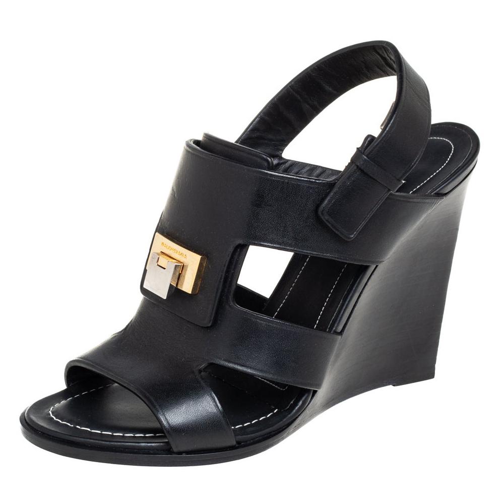 Balenciaga Black Leather Wedge Sandals Size 37
