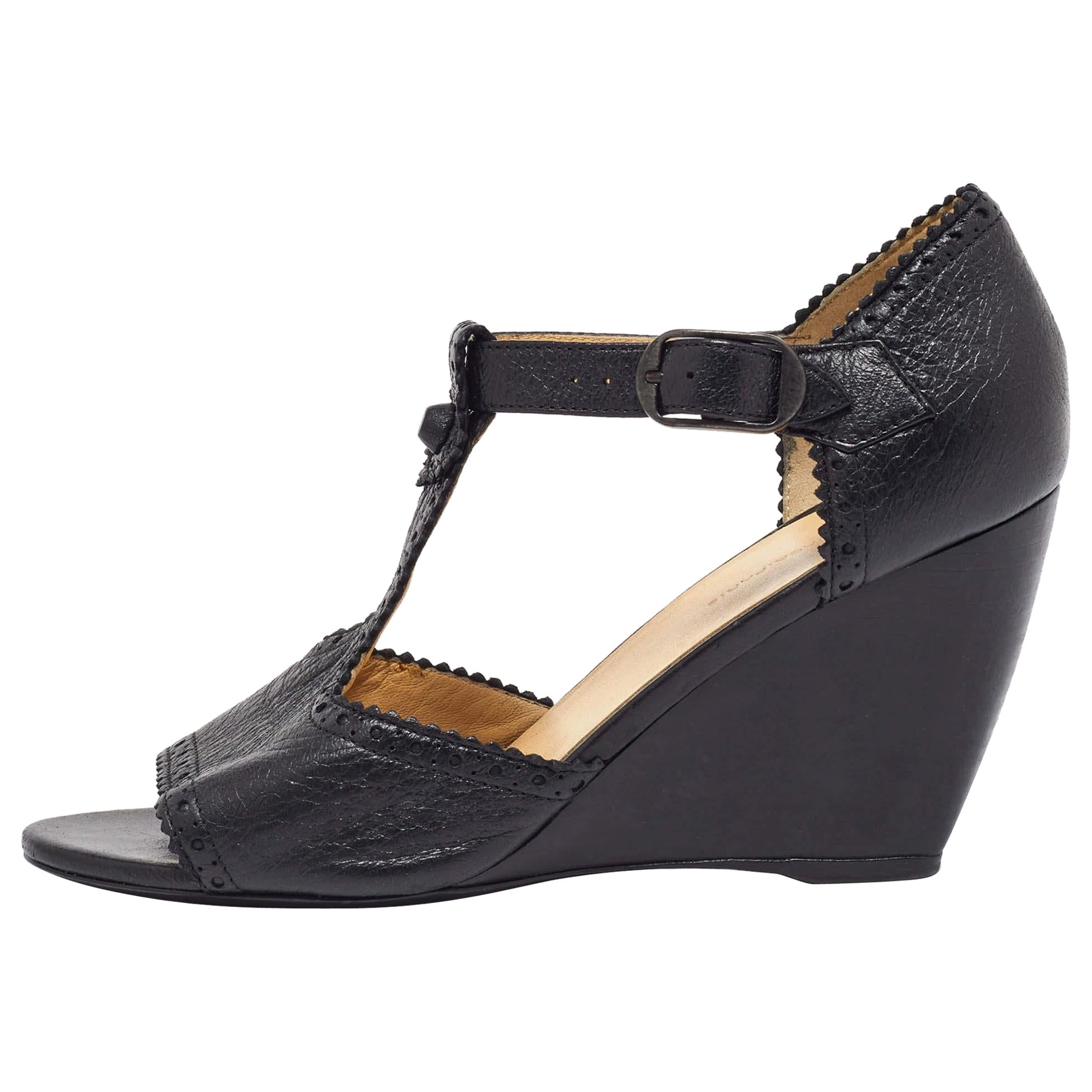 Balenciaga Black Leather Wedge T-Strap Sandals Size 38.5
