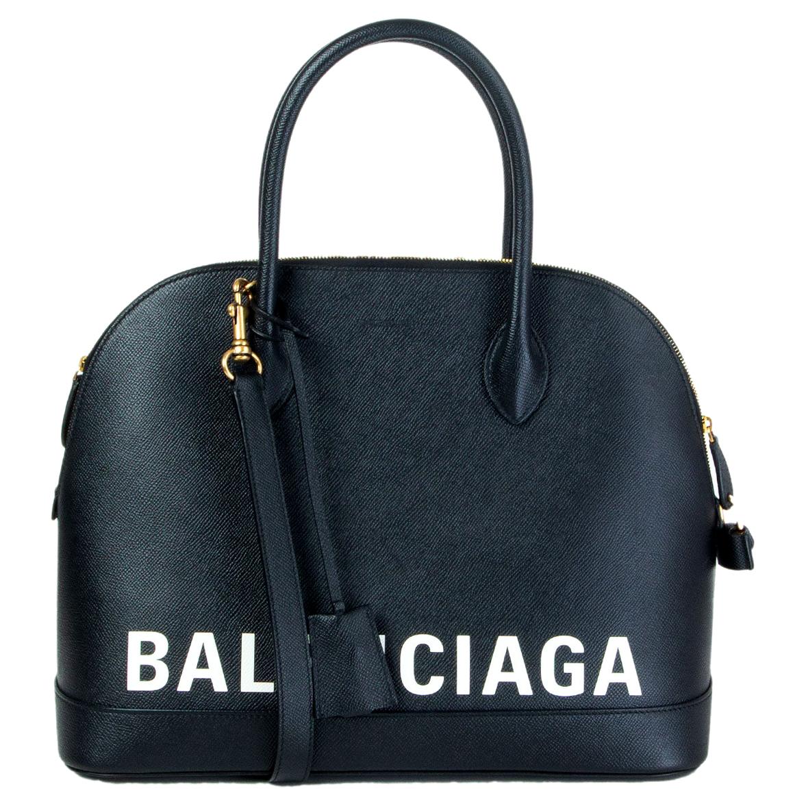 BALENCIAGA black leather white LOGO VILLE MEDIUM TOP HANDLE Bag