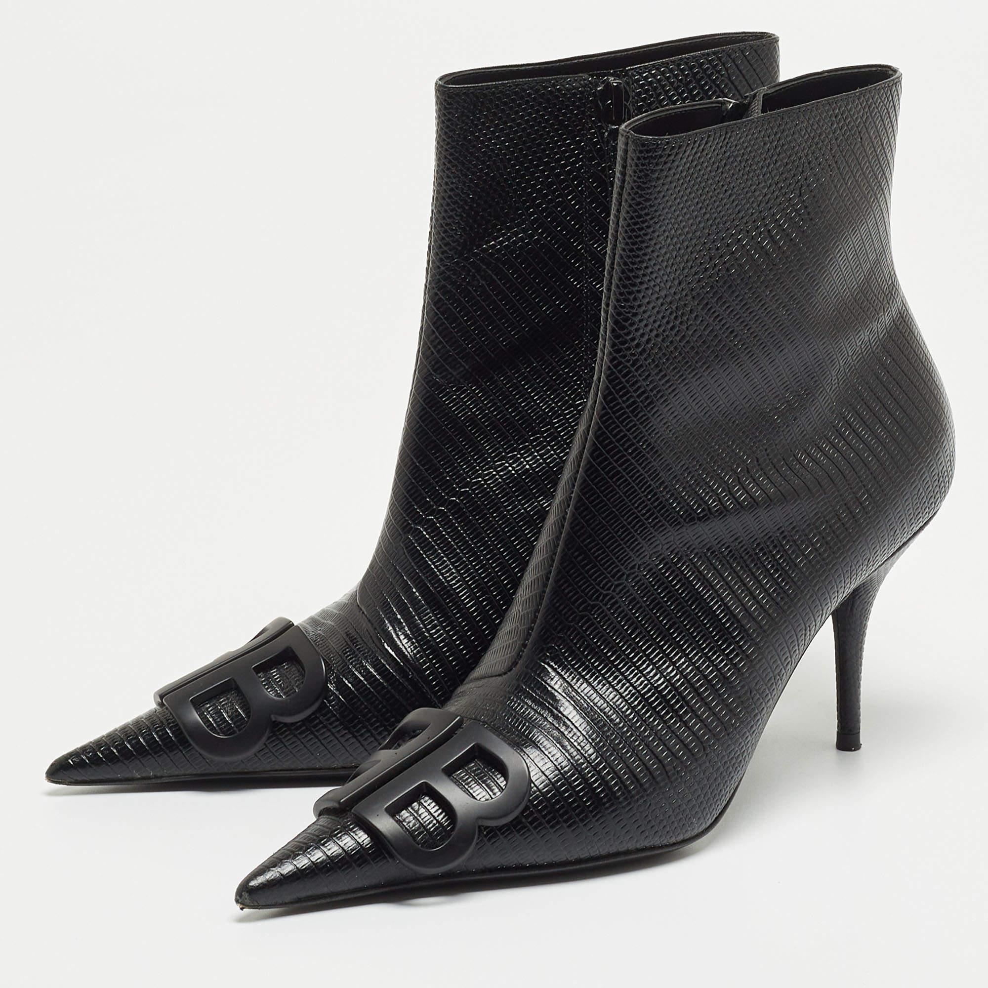Women's Balenciaga Black Lizard Embossed Leather Ankle Boots  For Sale
