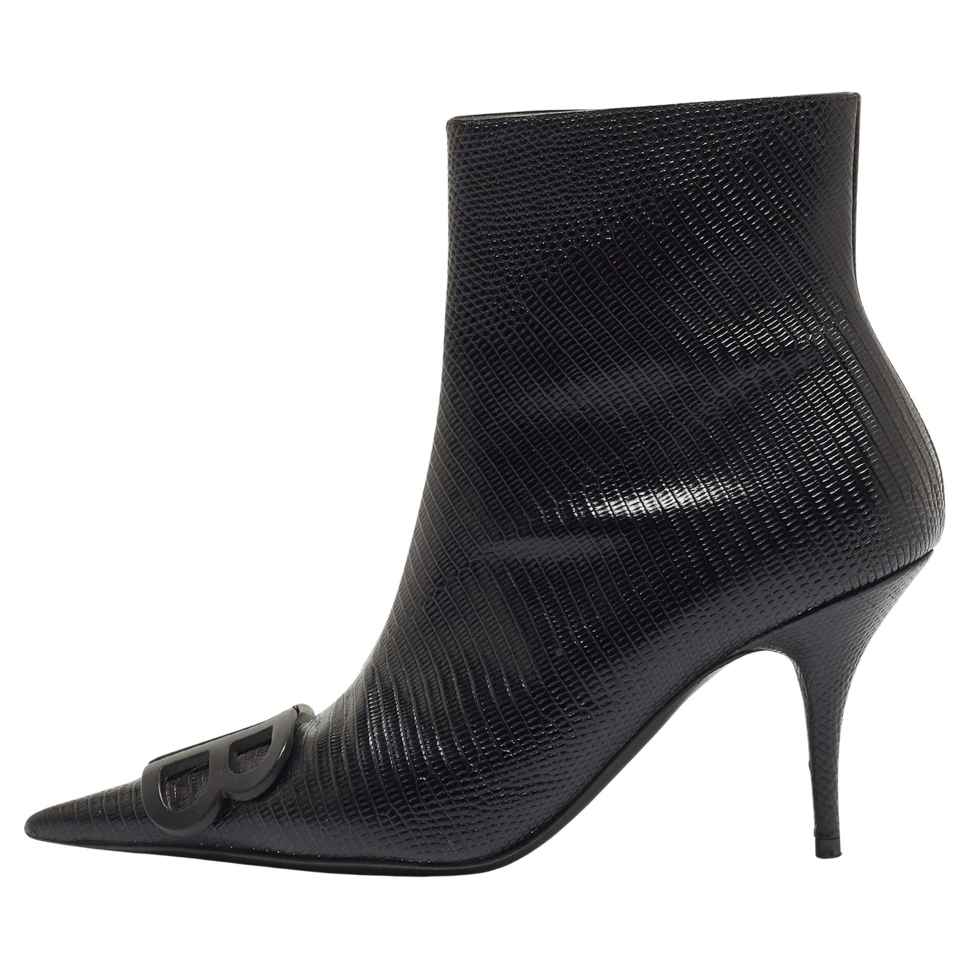 Balenciaga Black Lizard Embossed Leather Ankle Boots  For Sale