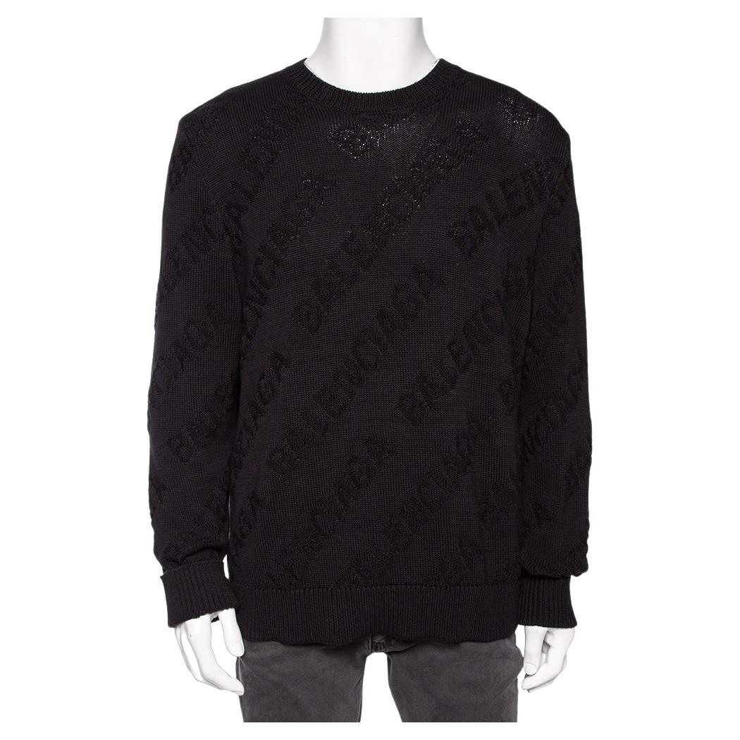 Balenciaga Black Logo Jacquard Cotton Oversized Sweater M For Sale
