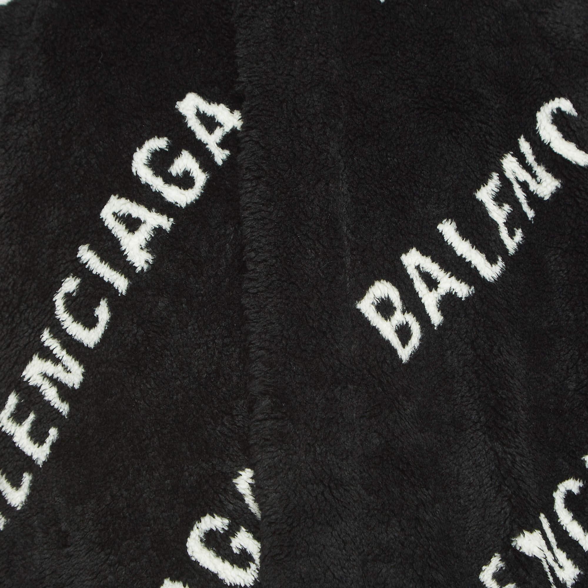 Men's Balenciaga Black Logo Monogram Print Faux Fur Oversized Long Coat S For Sale