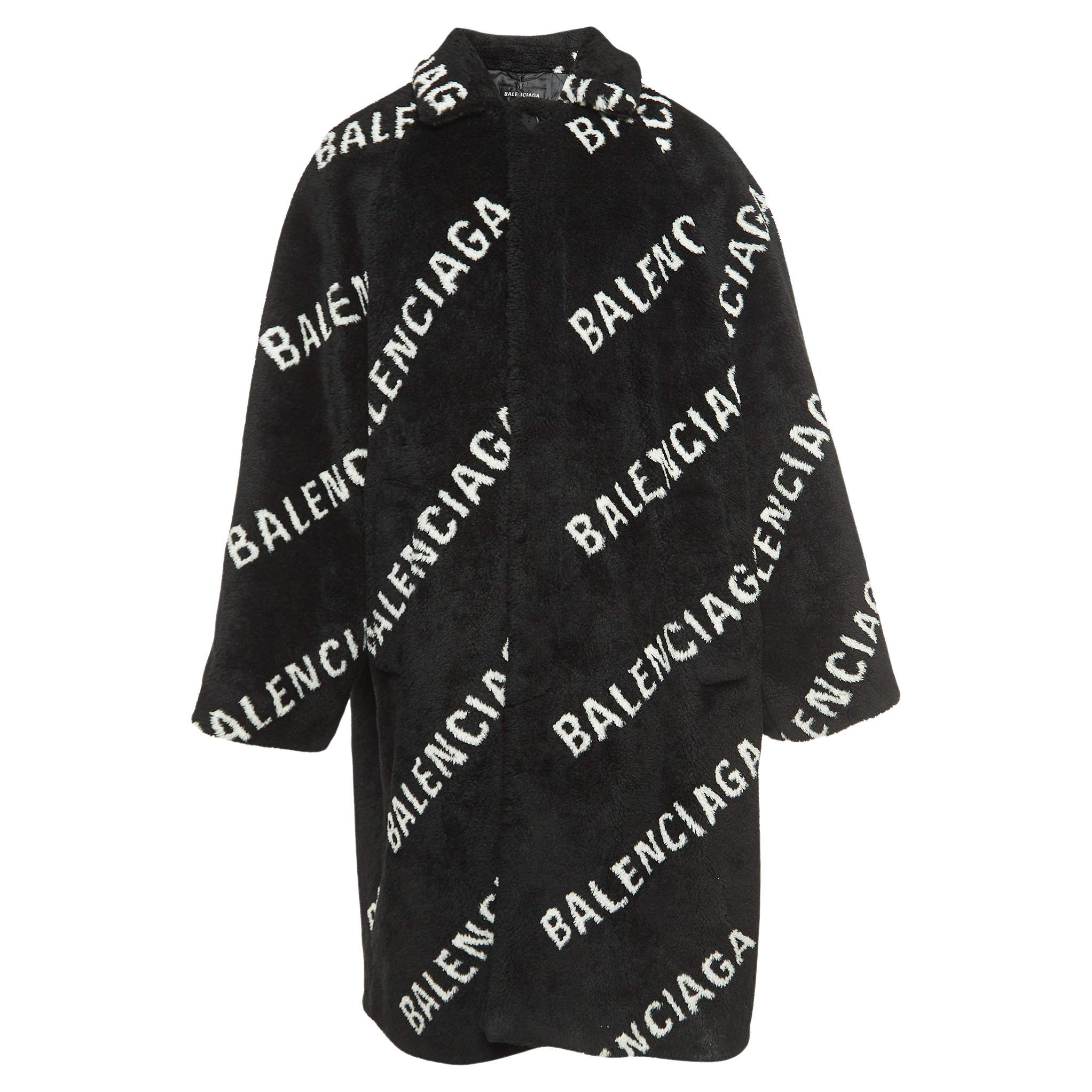 Balenciaga Black Logo Monogram Print Faux Fur Oversized Long Coat S For Sale