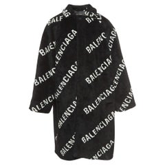 Balenciaga Black Logo Monogram Print Faux Fur Oversized Long Coat S