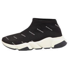 Balenciaga Black Logo Print Knit Fabric Speed Trainer Sneakers Size 38