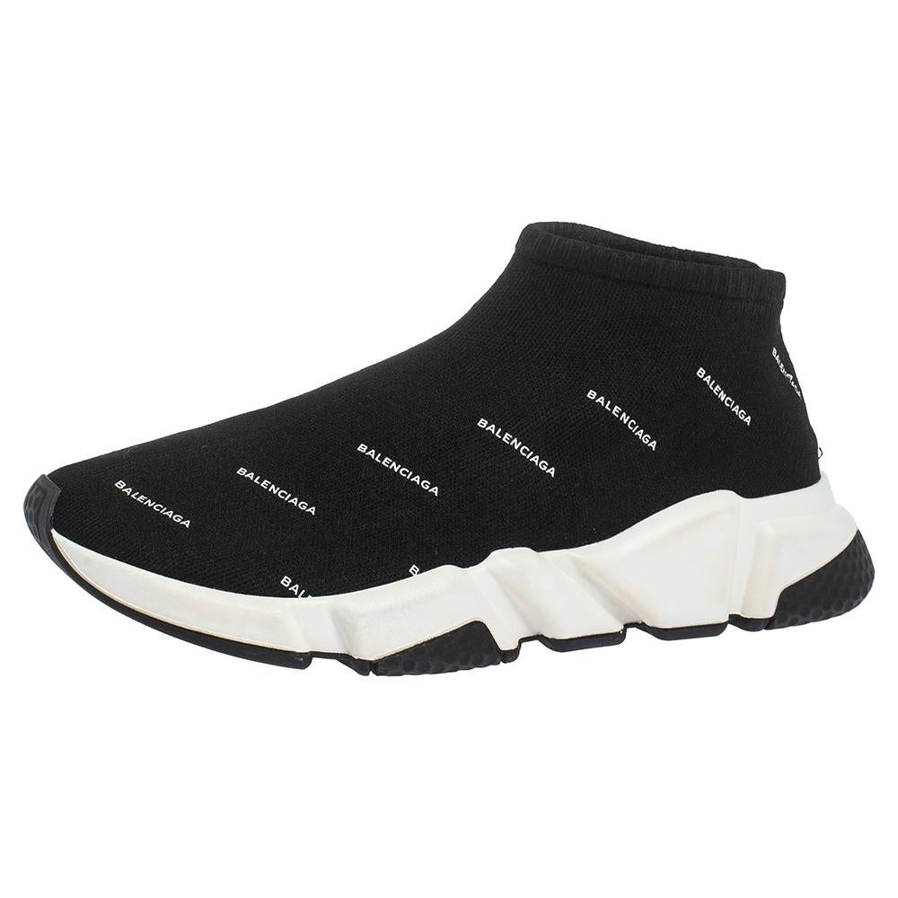 Balenciaga Black Logo Print Knit Speed Trainer Sneakers Size 40