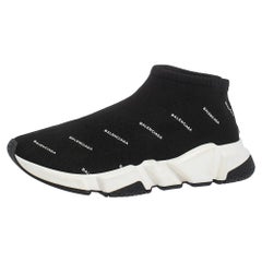 Used Balenciaga Black Logo Print Knit Speed Trainer Sneakers Size 40