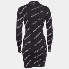 Balenciaga Black Logo Print Rib Knit Bodycon Dress M