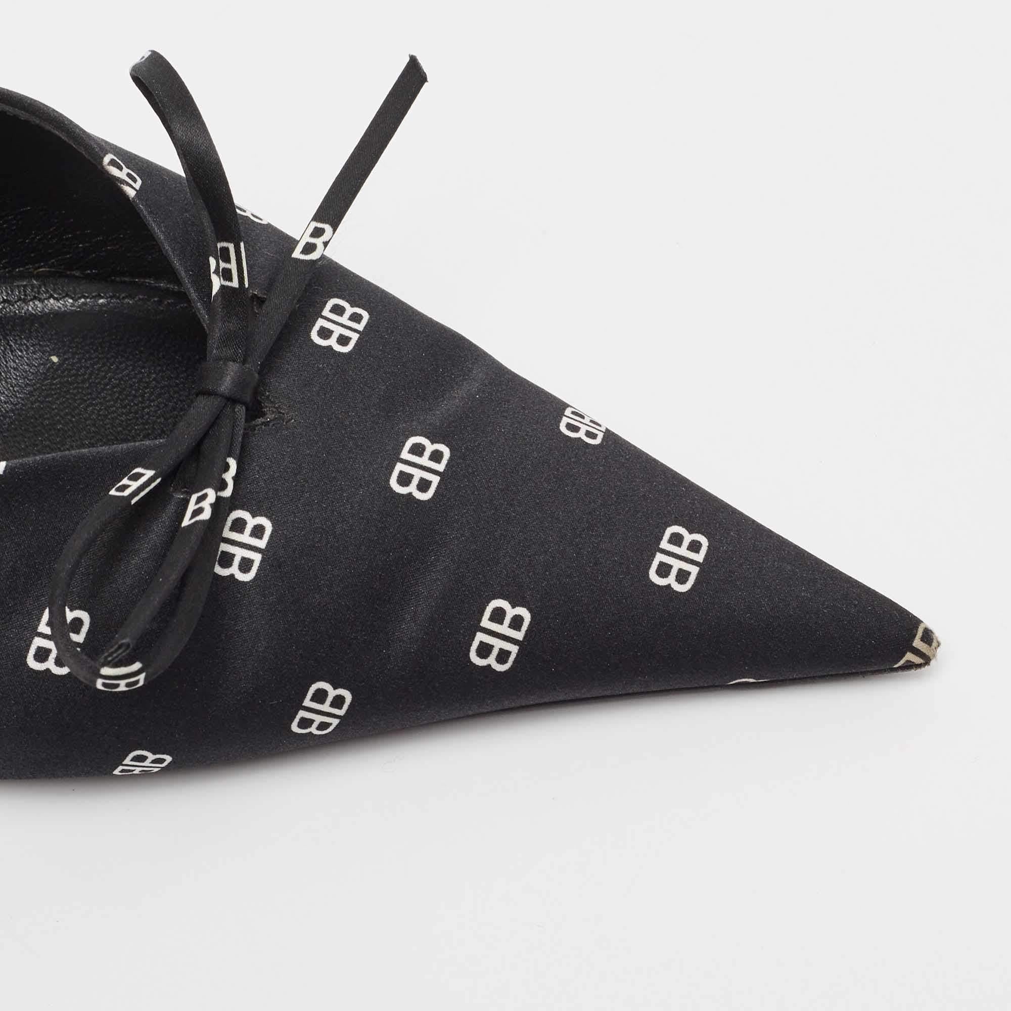 Balenciaga Black Logo Print Satin Knife Slingback Pumps Size 39.5 For Sale 2