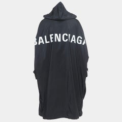 Balenciaga Black Logo Print Synthetic Button Front Long Hooded Coat S