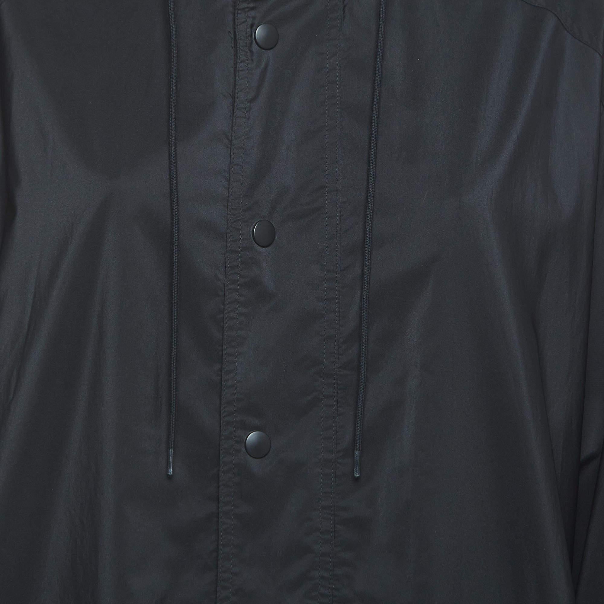 Balenciaga Black Logo Print Synthetic Button Front Long Hooded Coat S 2