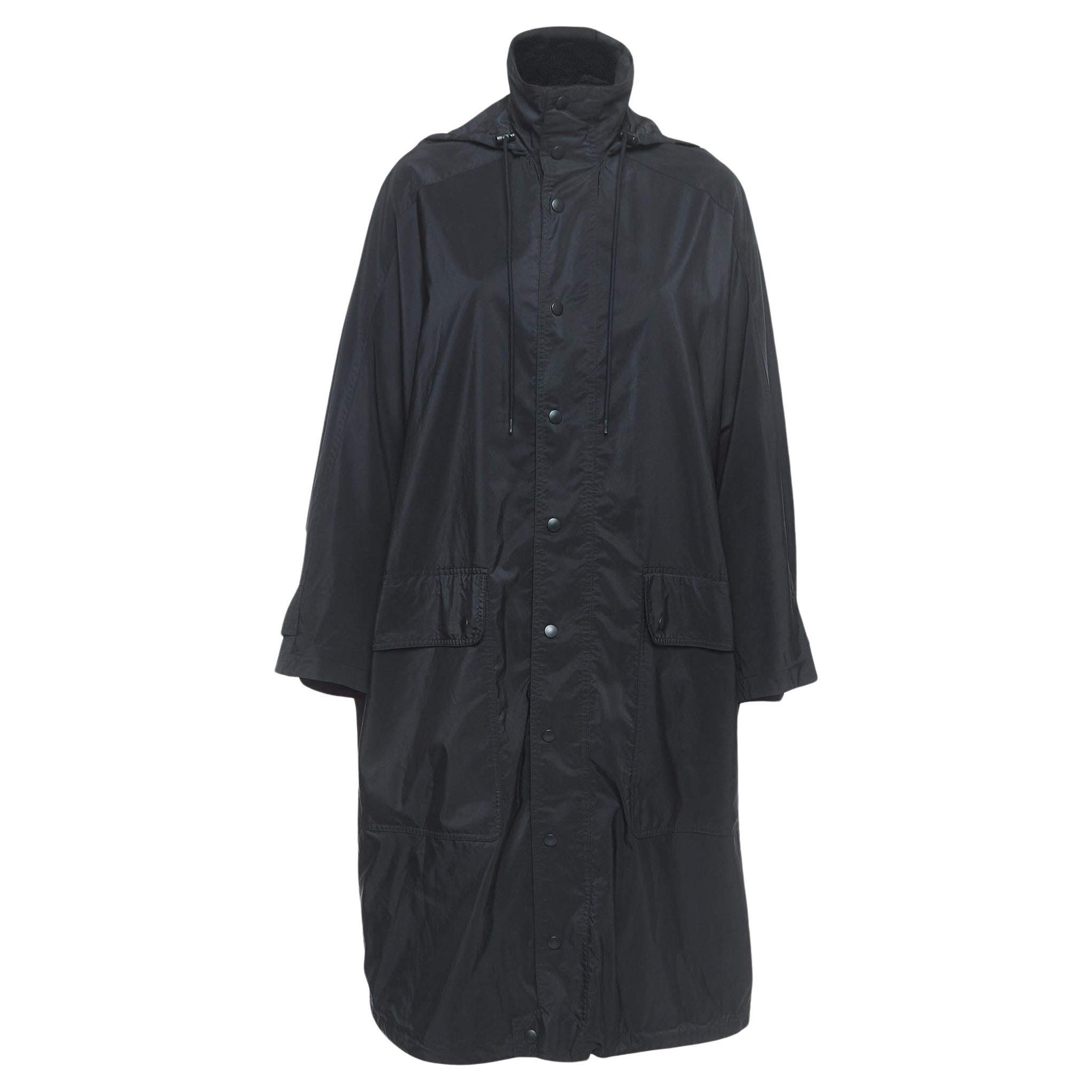 Balenciaga Black Logo Print Synthetic Button Front Long Hooded Coat S