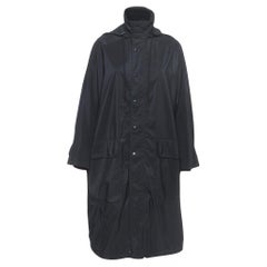 Balenciaga Black Logo Print Synthetic Button Front Long Hooded Coat S