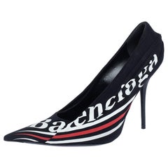 Balenciaga Black Logo Printed Draped Jersey And Leather Knife Pointed Toe Pumps