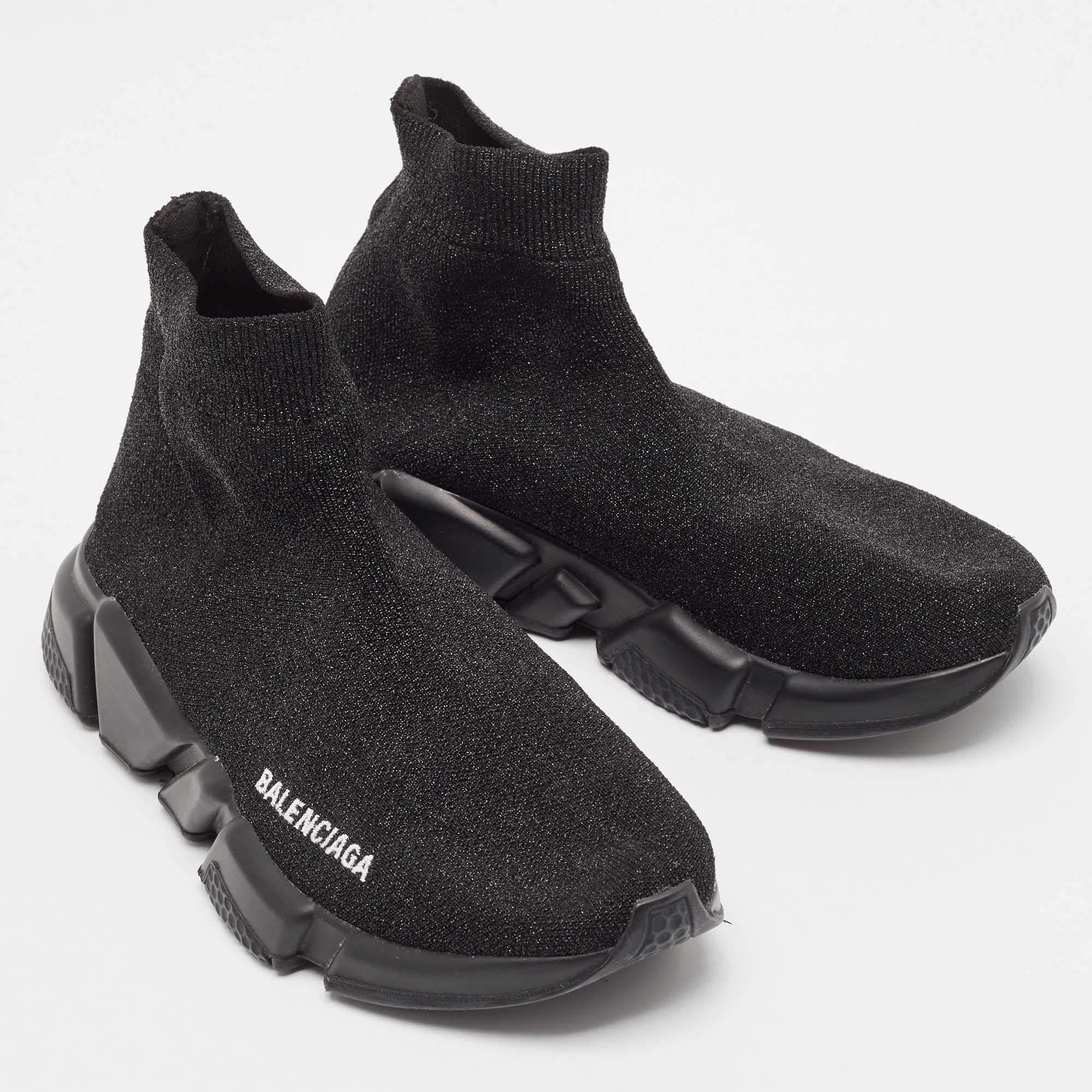 Balenciaga Black Lurex Fabric Speed Trainer High Top Sneakers Size 38 In Good Condition For Sale In Dubai, Al Qouz 2