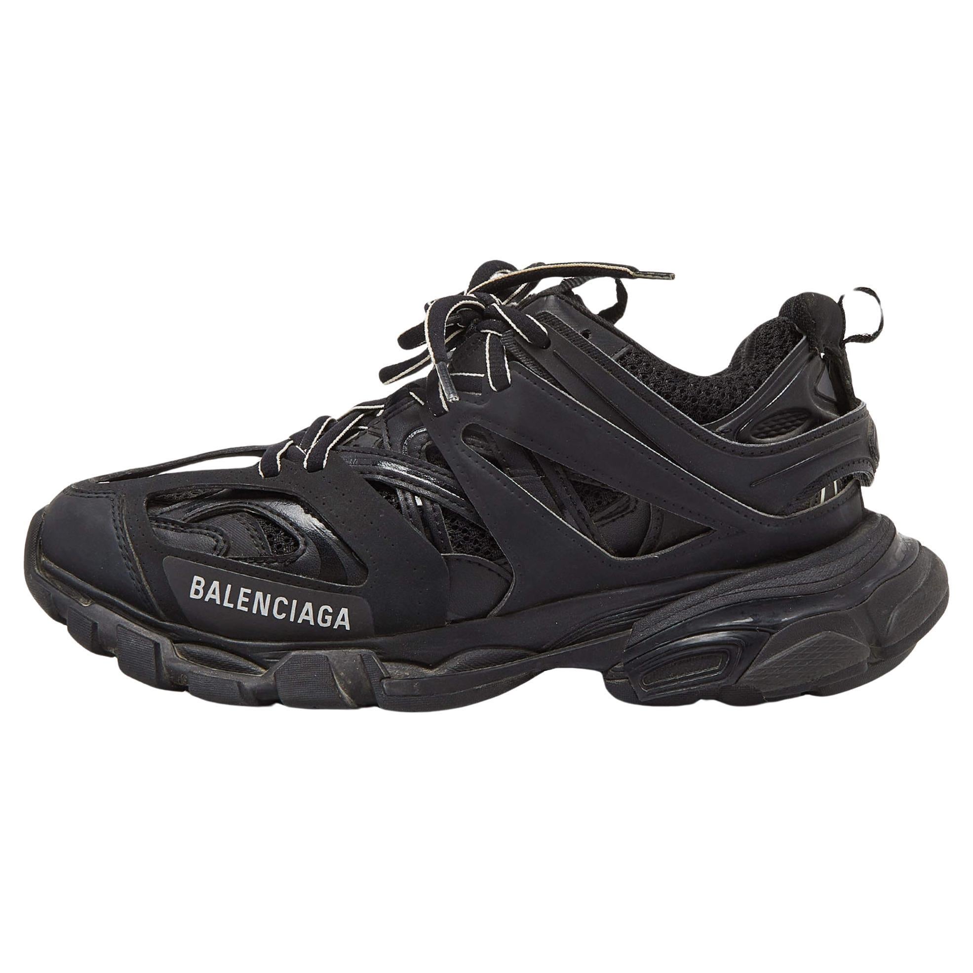 Balenciaga Black Mesh and Faux Leather Track Sneakers Size 38 en vente