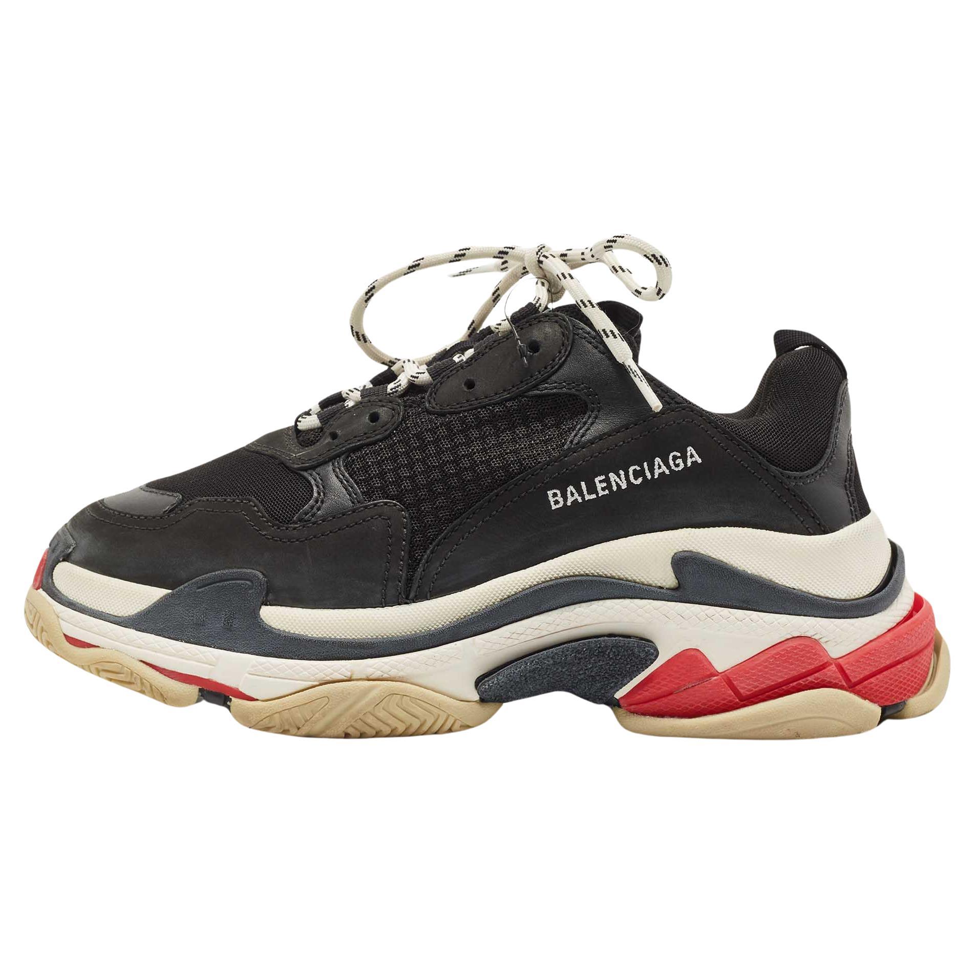 Balenciaga Black Mesh and Leather Triple S Lace Up Sneaker For Sale