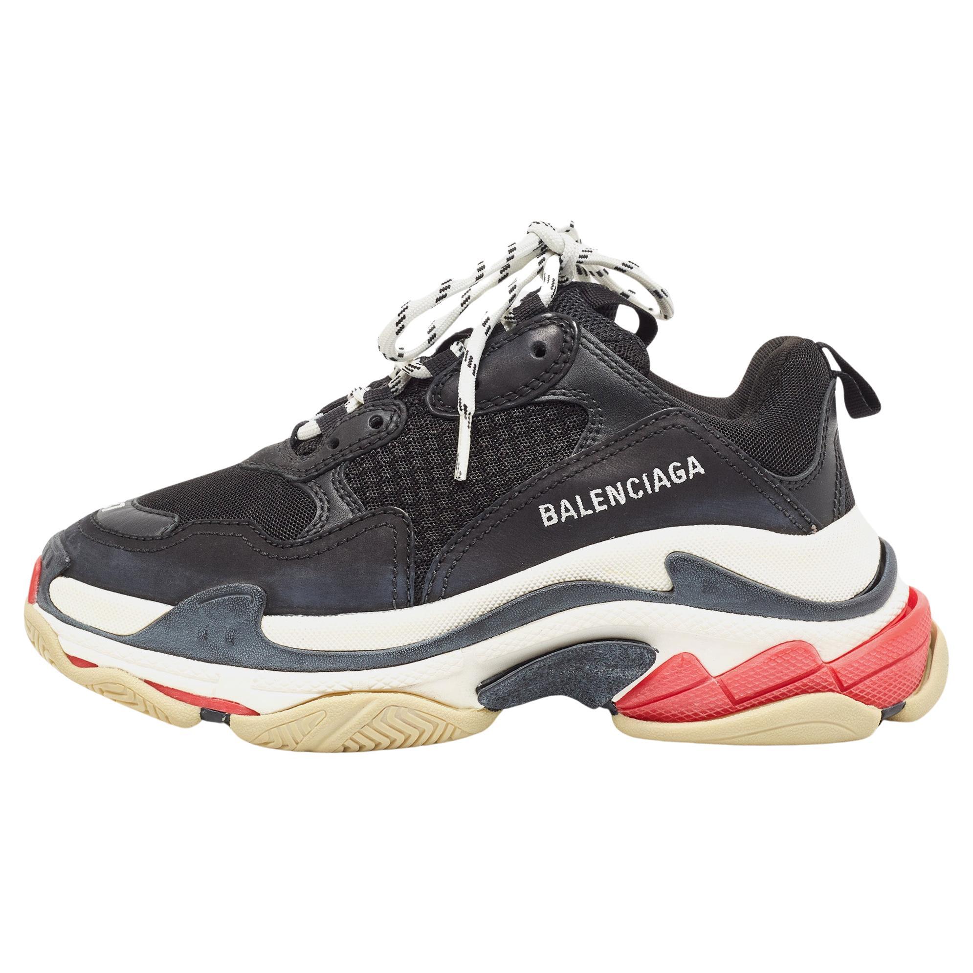 Balenciaga Black Mesh and Leather Triple S Sneakers Size 37 For Sale