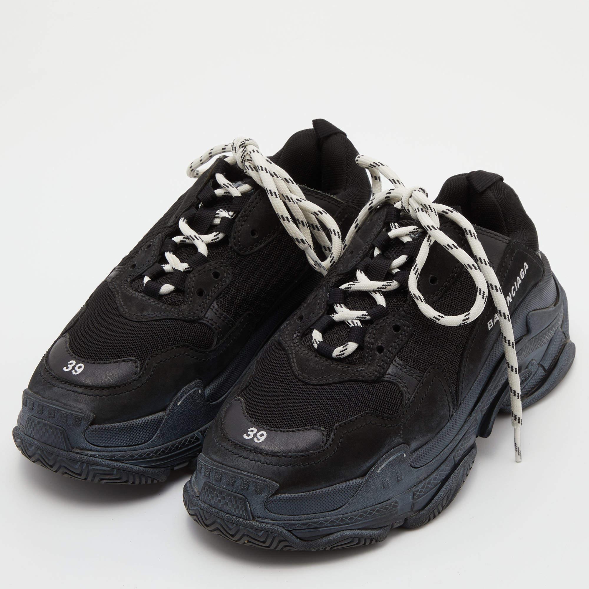 Men's Balenciaga Black Mesh and Leather Triple S Sneakers Size 39