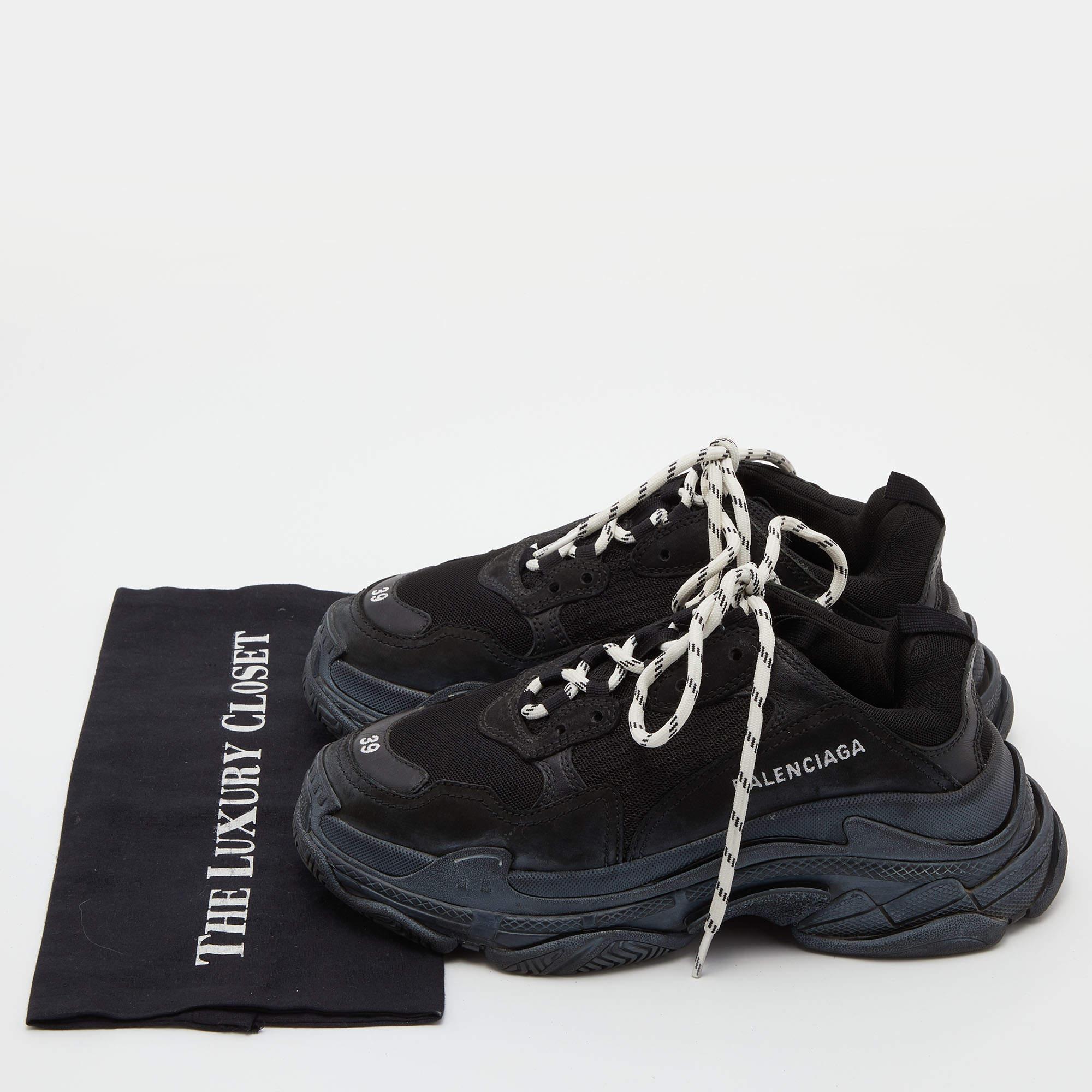 Balenciaga Black Mesh and Leather Triple S Sneakers Size 39 5