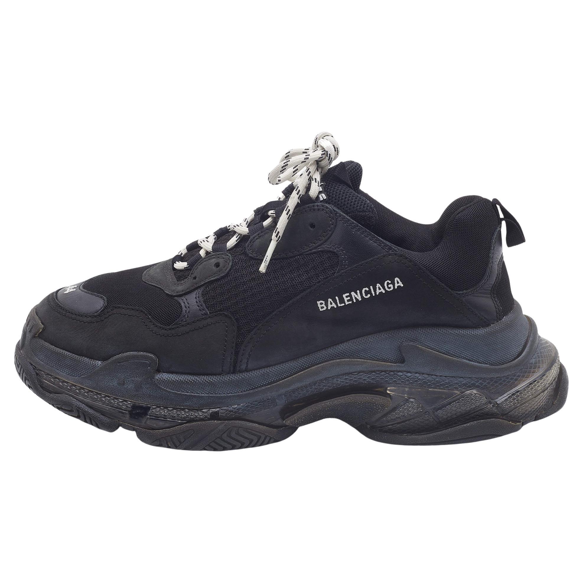 Balenciaga Black Mesh Suede and Leather Triple S Sneakers Size 44