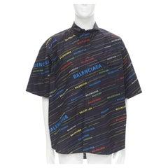 Balenciaga camicia nera multicolore con logo Monogram e stampa a scacchiera EU40 M.