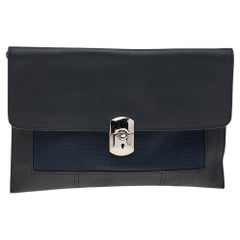 Balenciaga Black/Navy Blue Leather And Canvas Ottoman Padlock Clutch