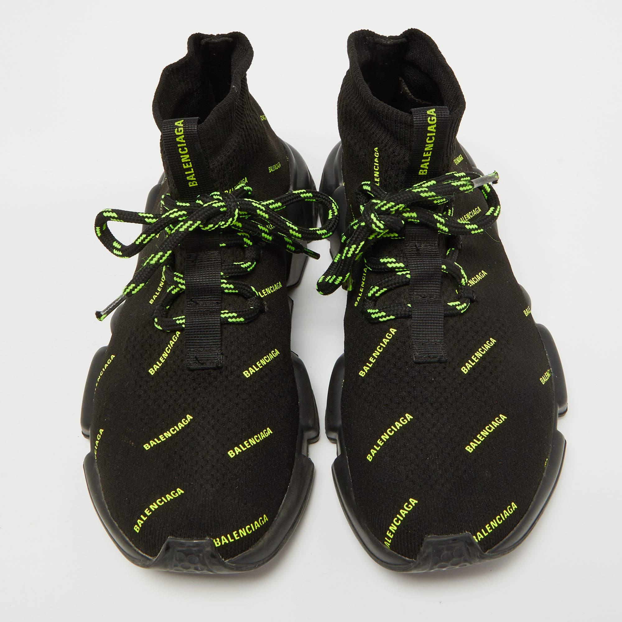 Balenciaga Black/Neon Green Logo Print Knit Fabric Speed Trainer Sneakers Size 3 In Good Condition In Dubai, Al Qouz 2